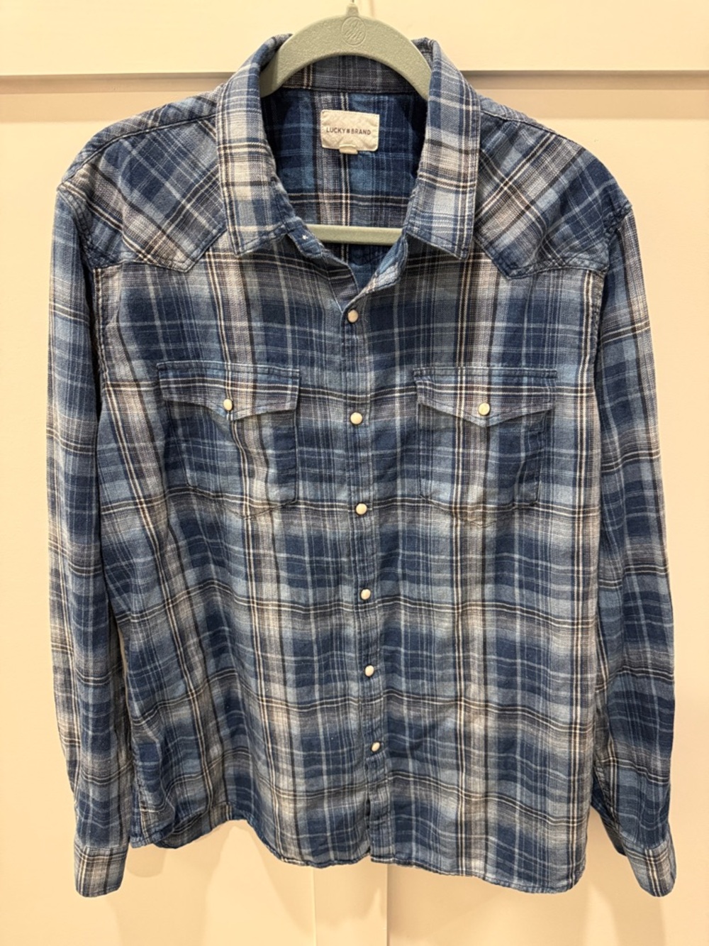 Lucky Brand Men's Blue Plaid Western Button-Down Shirt w/ pearl snaps